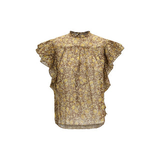 Floral blouse with ruffled sleeves on a white background