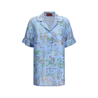 Camisa azul de seda con estampado