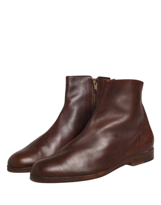 Braune Leder Flache Biker Stiefeletten