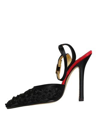 Schwarze Satin-Sandalen mit Blumenmuster und Knöchelriemen
