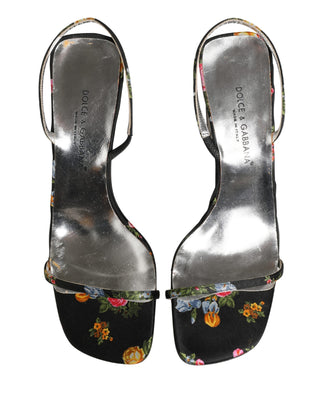Schwarze silberne Sandaletten mit Blumenmuster und Blockabsatz