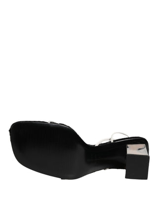 Silver Black Leather Block Heels Sandals Shoes