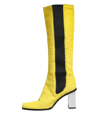 Gelb Schwarze Leder Kniehohe Stiefel Schuhe