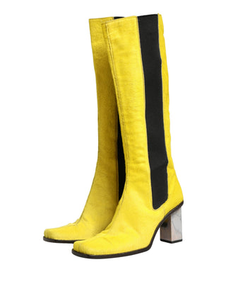 Gelb Schwarze Leder Kniehohe Stiefel Schuhe
