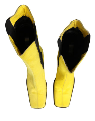 Gelb Schwarze Leder Kniehohe Stiefel Schuhe