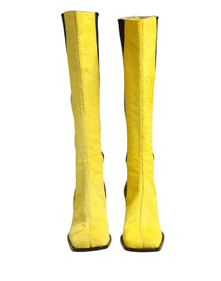 Gelb Schwarze Leder Kniehohe Stiefel Schuhe