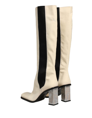 Weiße Schwarze Leder Kniehohe Stiefel Schuhe