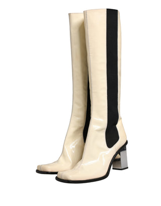 Weiße schwarze kniehohe Stiefel aus Leder