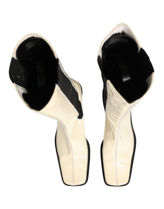 White Black Leather Knee High Boots Shoes