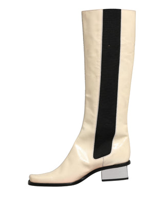 Weiße schwarze kniehohe Lederstiefel Schuhe
