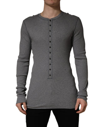 Graues, geripptes Langarm-Henley-T-Shirt aus Baumwolle