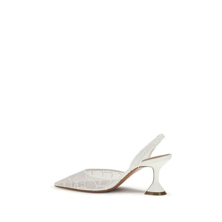 White Fabric Mid Heel Pumps