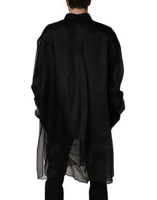 Schwarze, halbtransparente Hemdjacke mit Rüschendetails