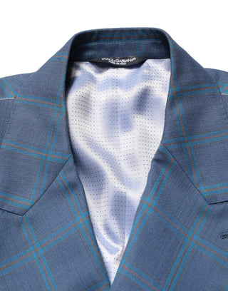 Blaue karierte zweireihige Herrenanzugjacke