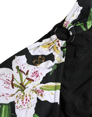Bikinihose aus Nylon mit schwarzem Lilien-Print