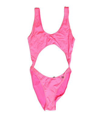 Traje de baño de una pieza rosa con recortes y pierna alta