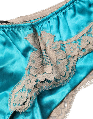 Blauer Seidensatin Floral Spitzen Panty Slip Unterwäsche
