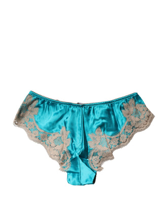 Blauer Seidensatin Floral Spitzen Panty Slip Unterwäsche