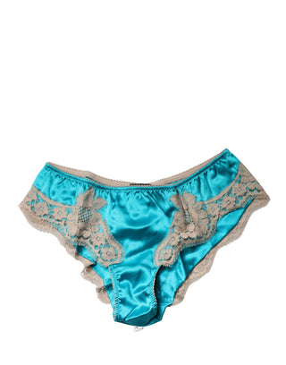 Blauer Seidensatin Floral Spitzen Panty Slip Unterwäsche