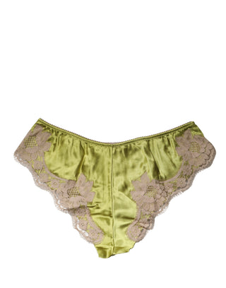 Unterwäsche Grüner Seidensatin Floral-Spitze Slip