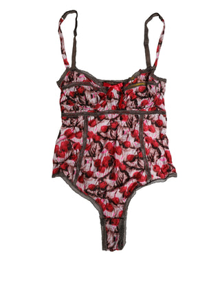 Mehrfarbiger Body aus Spitze mit Kirsch-Print