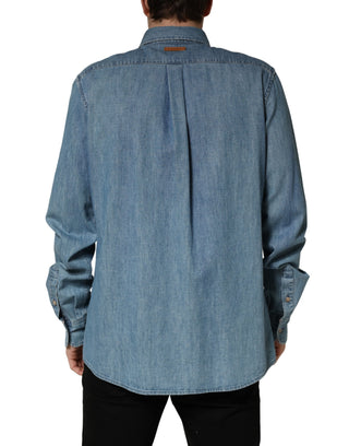 Freizeit-Slim-Hemd aus blauem Baumwoll-Stretch-Denim