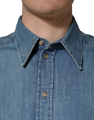 Freizeit-Slim-Hemd aus blauem Baumwoll-Stretch-Denim