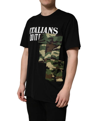 Baumwoll-T-Shirt mit Rundhalsausschnitt und schwarzem Tarnmuster