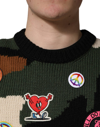 Mehrfarbiger Intarsia-Strickpullover mit Camouflage-Muster