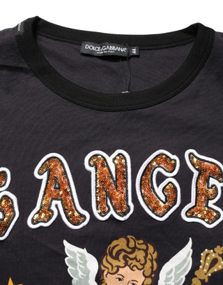 Schwarzes T-Shirt aus Baumwolle mit Rundhalsausschnitt und Engel-Print