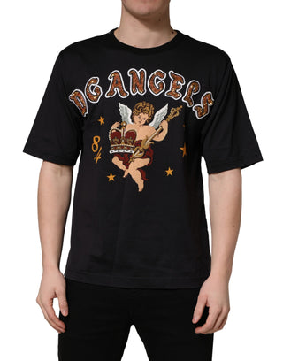 Schwarzes T-Shirt aus Baumwolle mit Rundhalsausschnitt und Engel-Print