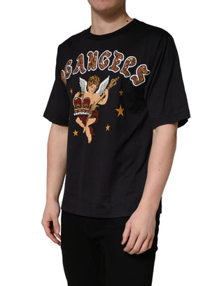 Schwarzes T-Shirt aus Baumwolle mit Rundhalsausschnitt und Engel-Print