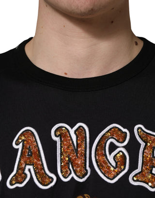 Schwarzes T-Shirt aus Baumwolle mit Rundhalsausschnitt und Engel-Print