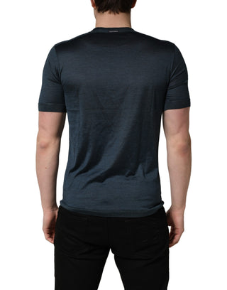 Dark Blue Silk Crew Neck Short Sleeve T-shirt