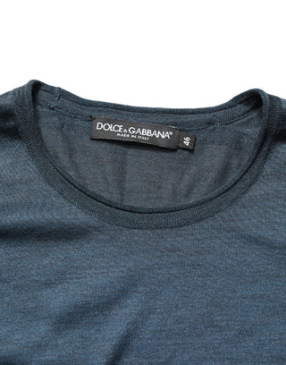Dark Blue Silk Crew Neck Short Sleeve T-shirt