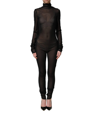 Schwarzer, durchsichtiger Rollkragen-Jumpsuit aus Nylon