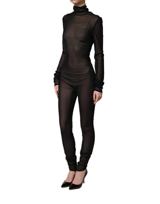 Schwarzer, durchsichtiger Rollkragen-Jumpsuit aus Nylon