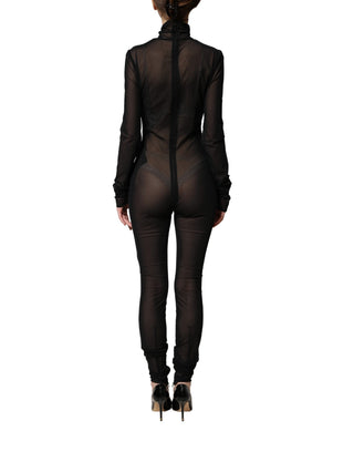 Schwarzer, durchsichtiger Rollkragen-Jumpsuit aus Nylon