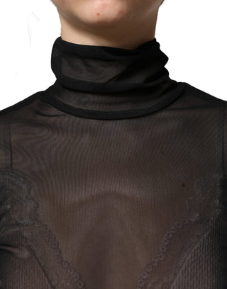 Schwarzer, durchsichtiger Rollkragen-Jumpsuit aus Nylon
