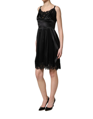 Vestido mini sin mangas de encaje de satén de seda negra