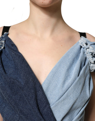Blue Cotton Patchwork Denim Mini Sheath Dress