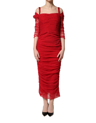 Rotes Baumwoll-Midi-Kleid aus gerafftem Stretch-Tüll