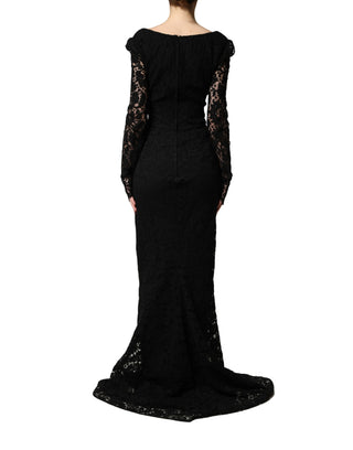 Schwarzes langes Spitzenkleid mit eckigem Ausschnitt und langen Ärmeln