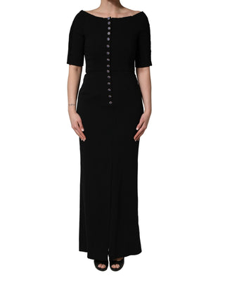 Schwarzes Maxikleid mit Seidenknöpfen und Etuioberteil