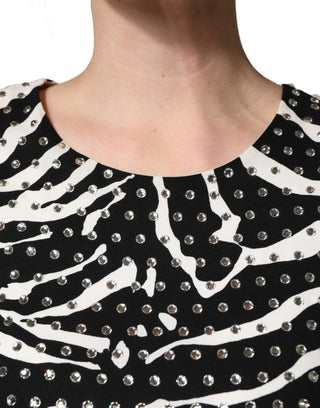 Vestido mini con estampado de cebra blanco y negro y pedrería