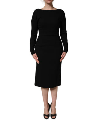 Schwarzes Midi-Kleid aus Wollkrepp mit langen Ärmeln