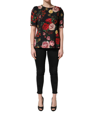 Black Floral Crepe Frill Detail Blouse Top