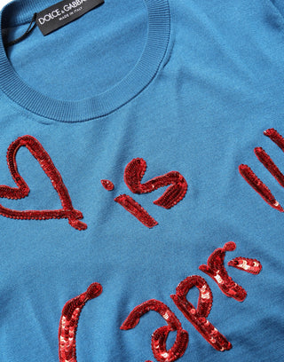 Blue Silk Sequined CrewNeck Pullover Sweater