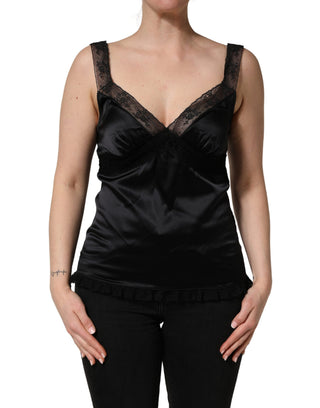 Camisola negra de seda con encaje y escote en V sin mangas