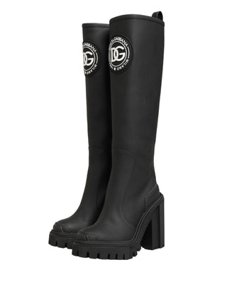 Black Rubberised Leather High Boots Shoes